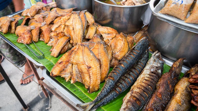 Fish Fry Stall Street Food in Thai Style Stock Photo - Image of market