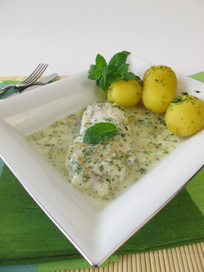 Fish on Herb Sauce with Potatoes Stock Image Image of recipe, sauce