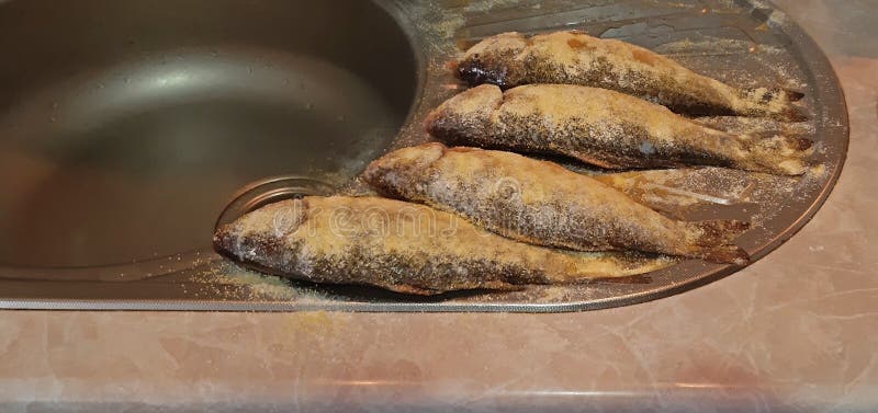 Fish in the Kitchen Ready for Frying. Cooking Process Stock Image ...