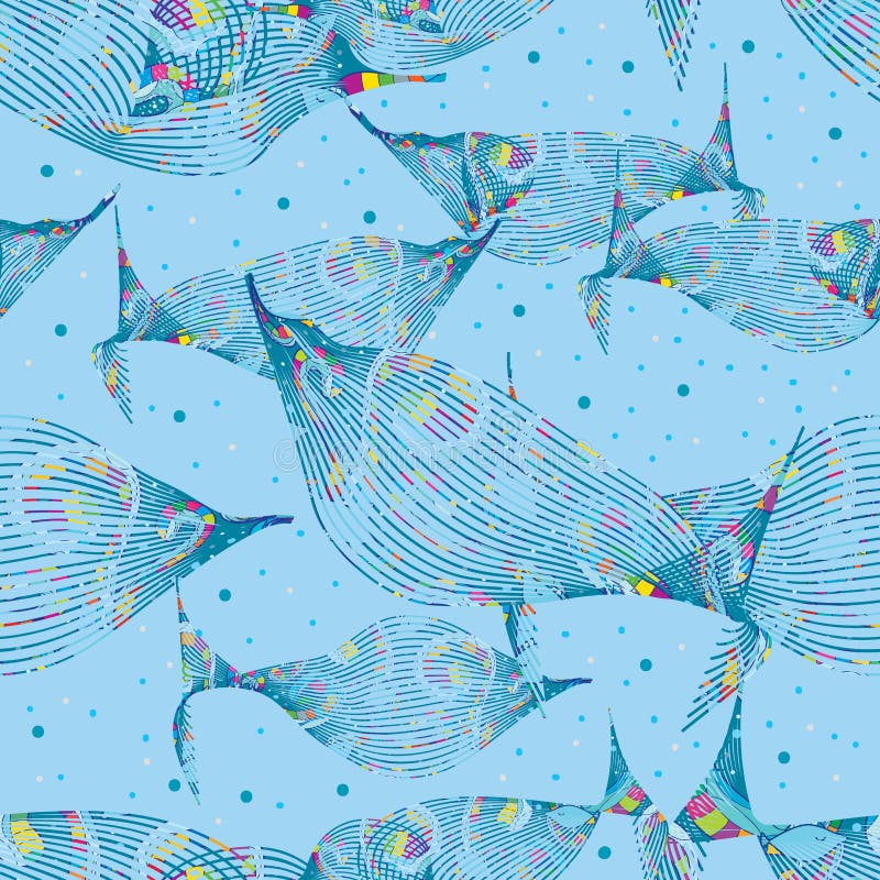 Fish line stylish colorful blue seamless pattern