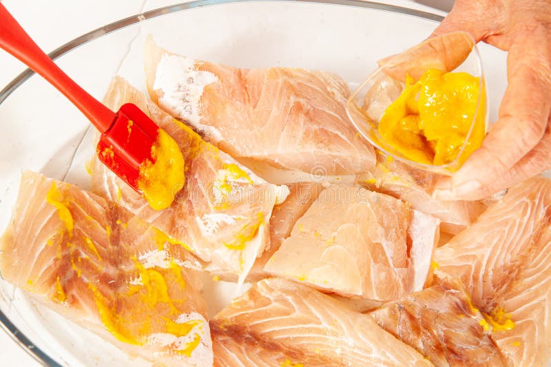 Fish Marinade Preparation Steps Spreading the Fish with Mustard Stock Photo Image of gourmet
