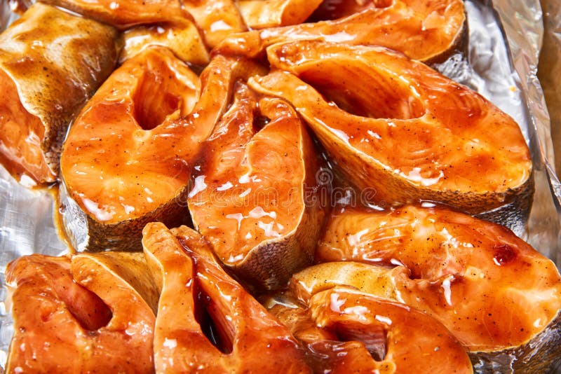 Fish in a Marinade of Teriyaki Sauce before Baking Stock Photo Image