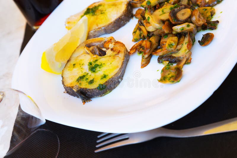 Fish with mushrooms stock photo. Image of meal, prepared 57233442