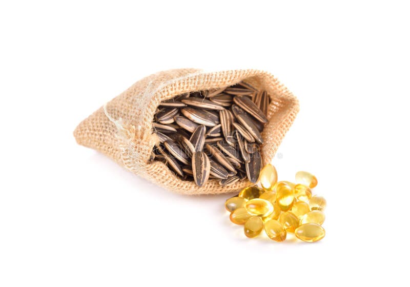 Fish Oil Capsule with Sunflower Seeds on White Stock Image Image of