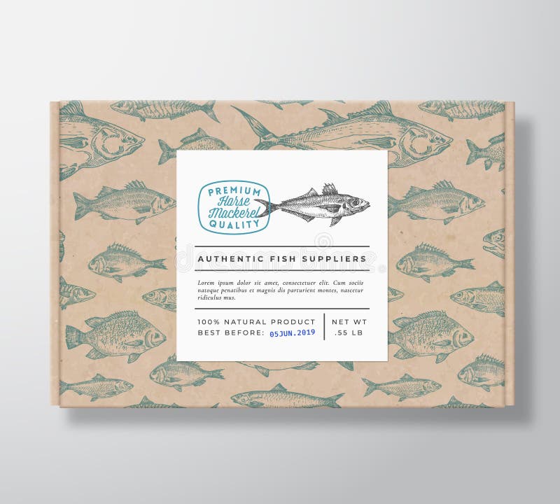 Fish Pattern Realistic Cardboard Box with Banner. Abstract Vector Packaging Design or Label. Modern Typography, Hand royalty free illustration