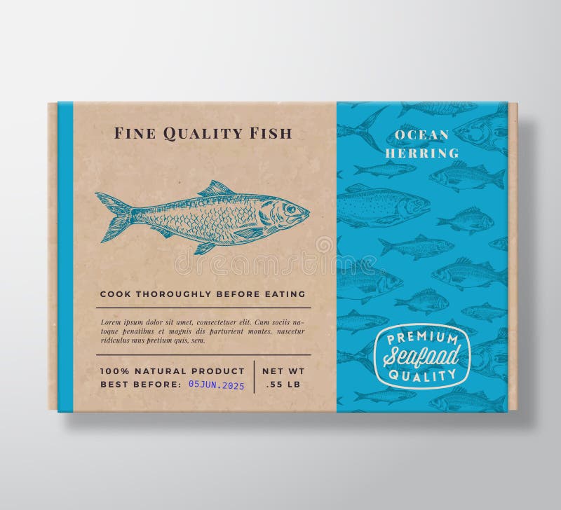 Fish Pattern Realistic Cardboard Container. Abstract Vector Seafood Packaging Design or Label. Modern Typography, Hand royalty free illustration