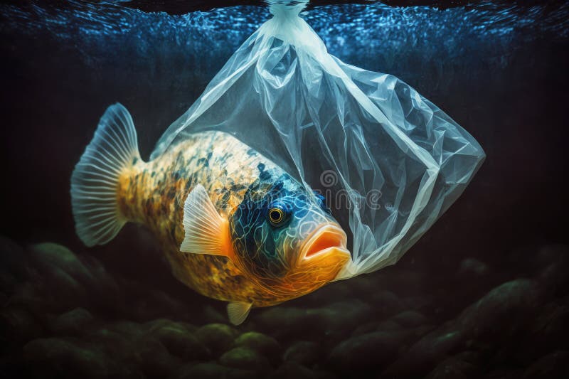 Fish in Plastic Bag. Massive Plastic Pollution Underwater Concept