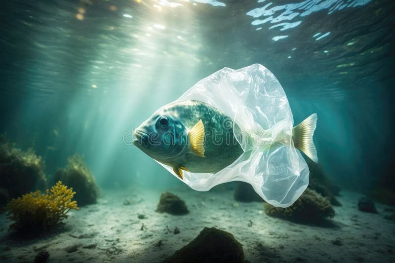 Fish in Plastic Bag. Massive Plastic Pollution Underwater Concept