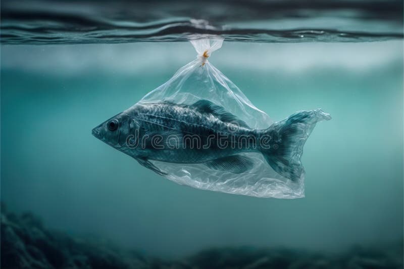 Fish in a Plastic Bag. Pollution of Oceans Stock Illustration