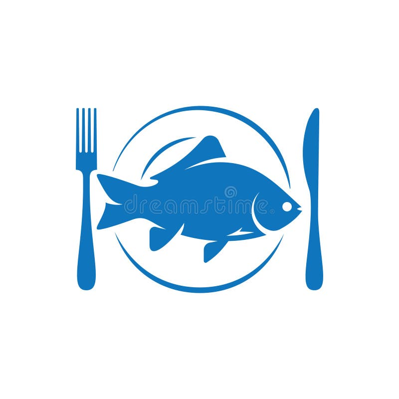 Fish on Plate with Fork and Knife Logo on White Background Stock
