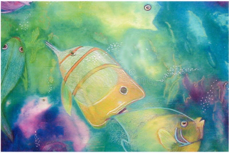 Illustrazione, acquerello Originale, inchiostro e matita colorata pittura da me, raffiguranti pesci tropicali giocare in acqua blu.