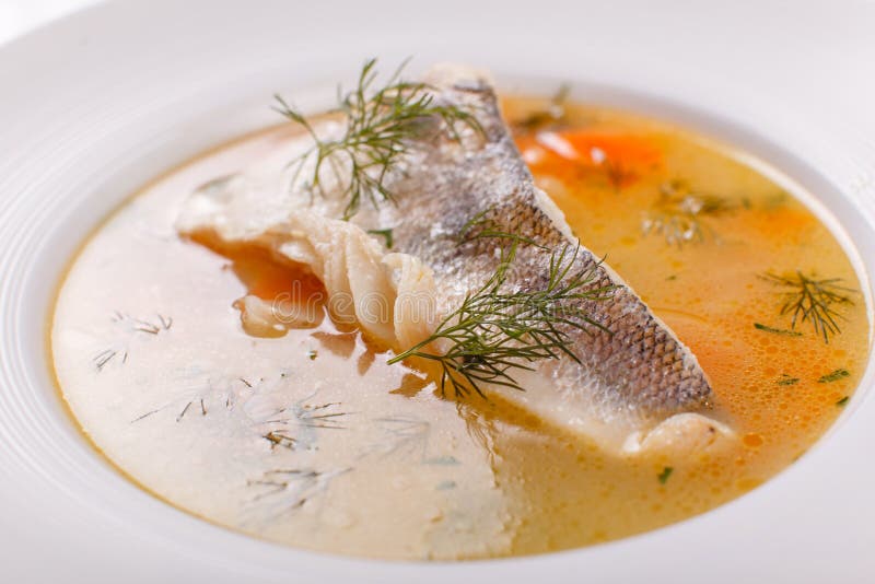 Fish and Seafood Soup . Delicious Soup with White Fish and Vegetables for Dinner Stock Image