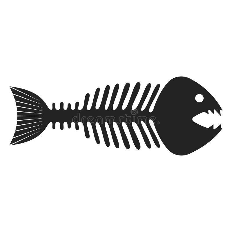 Fish Skeleton Icon, Black Fishbone and Drawing Stock Vector