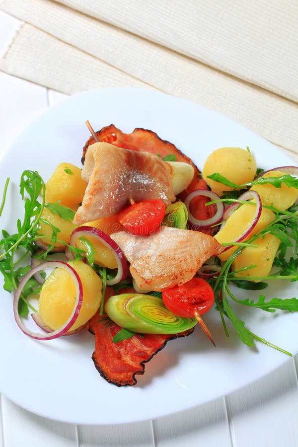 Fish Skewer with Potato Side Dish Stock Photo Image of fish, closeup