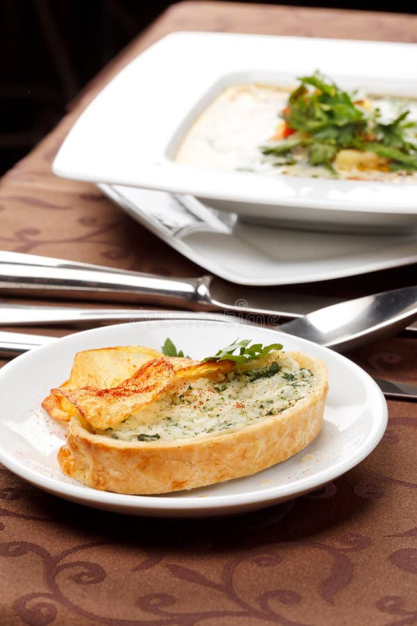 Fish Soup with Potato Chips Stock Photo Image of bean, green 19229846