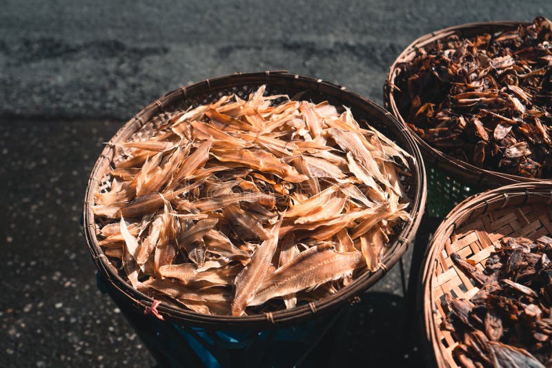 Fish and Squid Dried Seafood in Bamboo Baskets Stock Image Image of