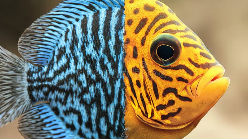 Fish with striking pattern: left features vibrant blue with black, feather-like streaks, the right showcases a vibrant yellow vector illustration