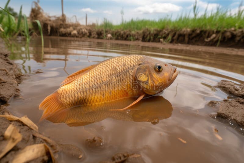 Fish Swimming in Murky Water Surrounded by Agricultural Runoff Stock