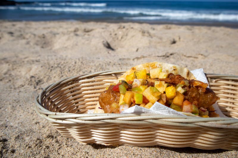 Fish Taco Served in a Basket on a Sandy Beach Stock Image Image of