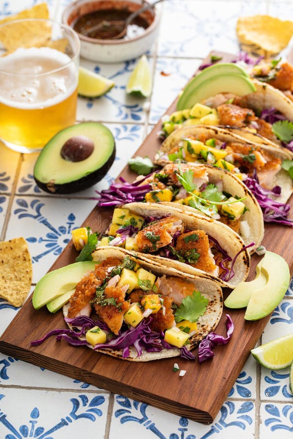 Fish Tacos with Mango Salsa and Red Cabbage Stock Image Image of
