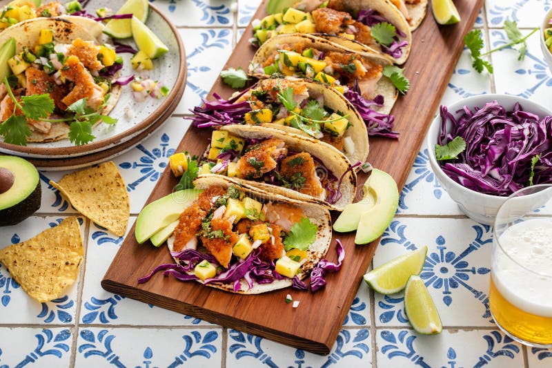 Fish Tacos with Mango Salsa and Red Cabbage Stock Photo Image of meal