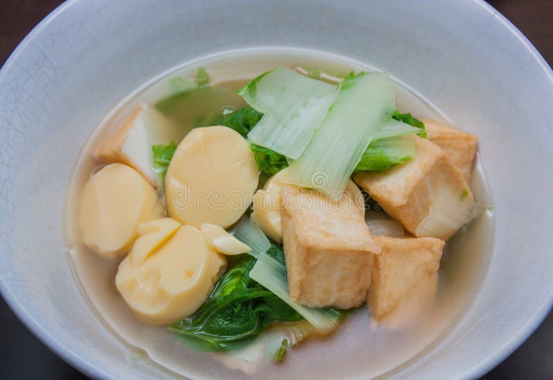 Fish Tofu and Egg Tofu Soup with Vegetable. Stock Photo Image of