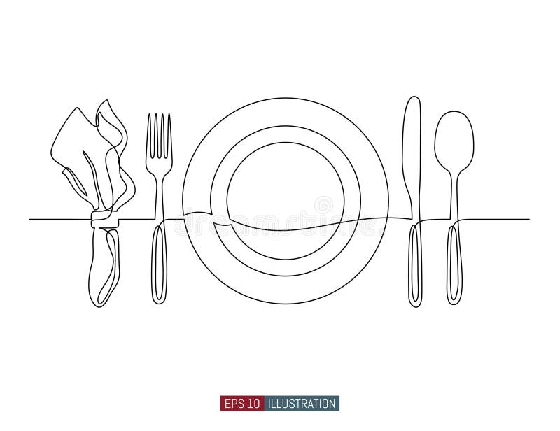 Continuous line drawing of hand drawn plate, napkin, fork and knife. Vector illustration. stock illustration