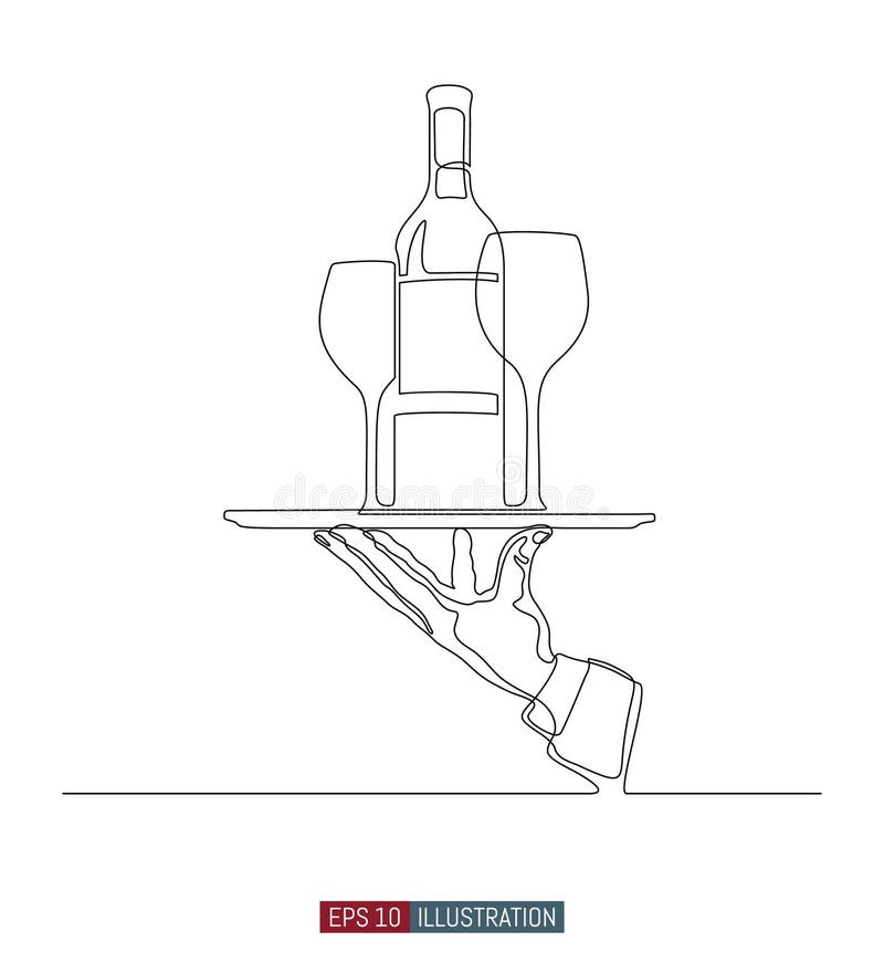 Continuous line drawing of waiter hand holding tray with wine bottle and glasses. Template for your design works.