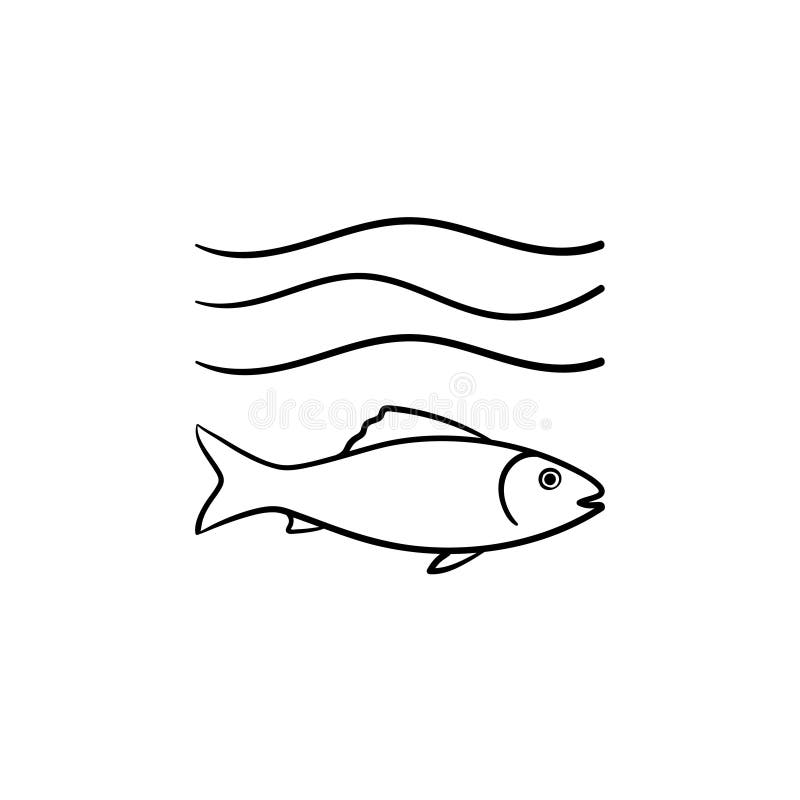 Fish under sea wave hand drawn sketch icon.