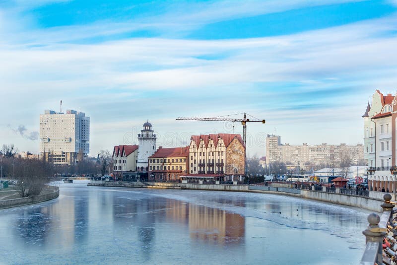 Fish Village, Ice On Pregola River Editorial Stock Image - Image of