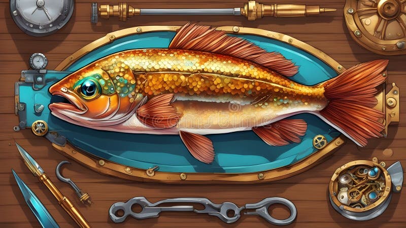 Fish on a wooden board A close-up view of a steampunk rainbow trout fish, with copper scales, brass fins, and a clockwork royalty free stock photos