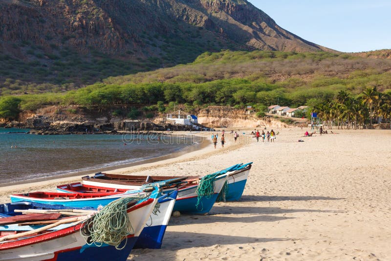 Fisher boats in Tarrafal beach in Santiago island in Cape Verde royalty free stock photography Fisher boats in Tarrafal beach in Santiago island in Cape Verde royalty free stock photography