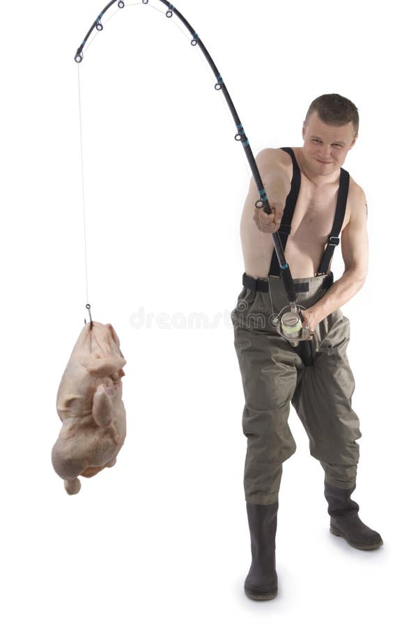 Fisherman with chicken on fishhook