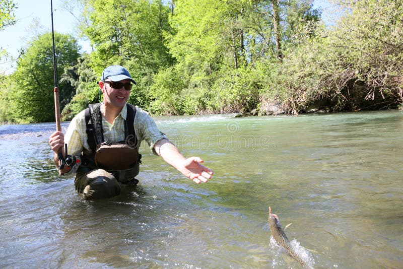 Catching a Brown Trout in the River Stock Image Image of brown, united 240891471