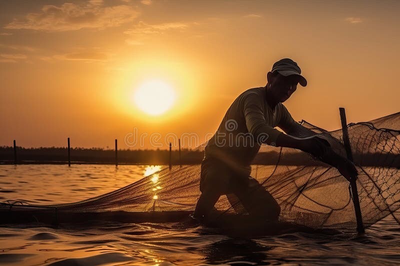 Fishermen Fishing With Nets When The Sun Shines Stock Photo