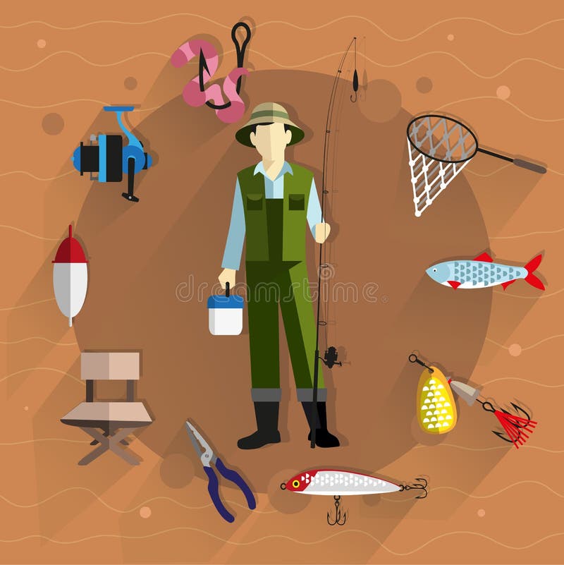 Fisherman and Fishing Tackle Stock Vector - Illustration of background,  boots: 53476105