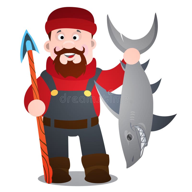 A Fisherman with a Harpoon and a Shark Cartoon Funny Character Stock Vector  - Illustration of cartoon, suit: 160741453