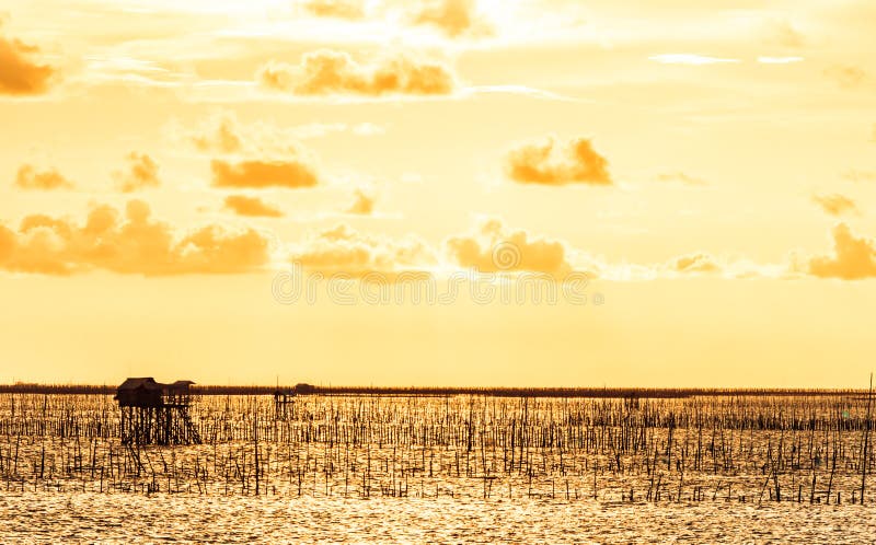 Fisherman house in the sea in golden hours with sunset. stock images Fisherman house in the sea in golden hours with sunset. stock images