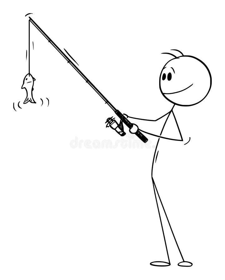 Fisherman Holding Rod and Fishing Small Fish , Vector Cartoon