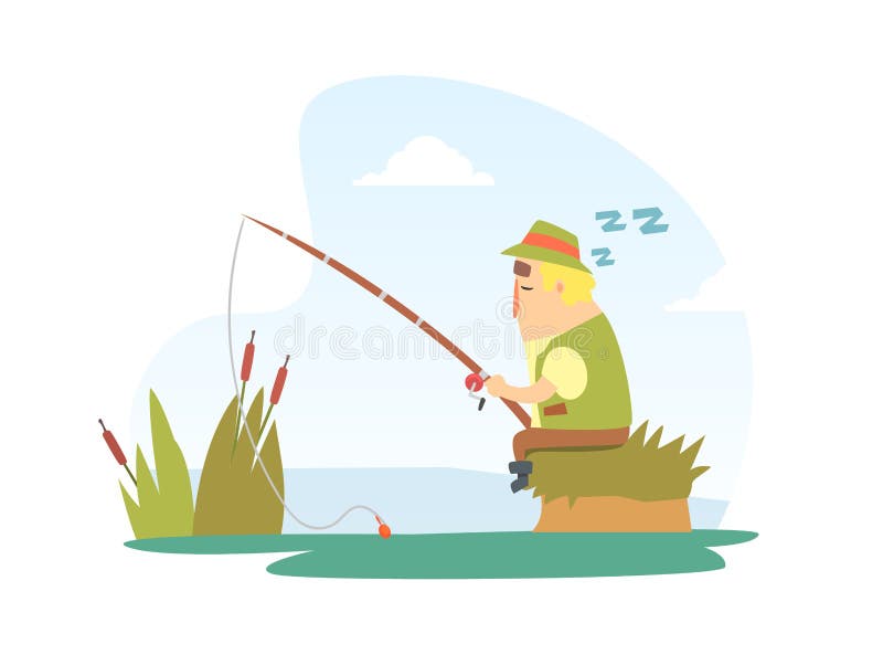 Fisherman Snoozing Sitting on Lake Shore with Fishing Rod Cartoon Vector Illustration vector illustration