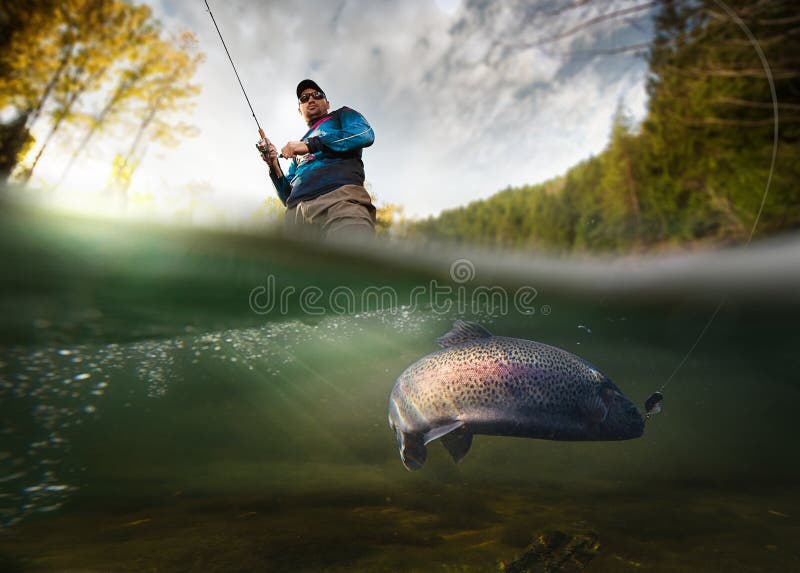 Fisherman and trout, underwater view.