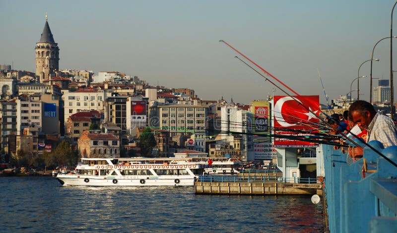 Fishermen on Galata bridge. Istanbul. Turkey