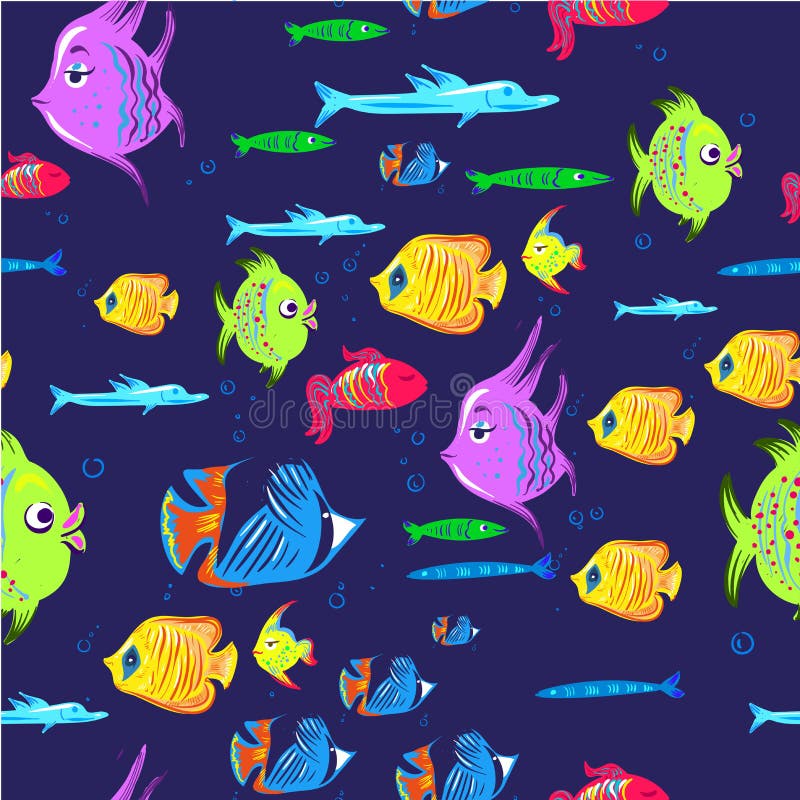 Fishes seamless pattern. Cute cartoon aquarium fish animals background for kids vector illustration print royalty free illustration Fishes seamless pattern. Cute cartoon aquarium fish animals background for kids vector illustration print royalty free illustration
