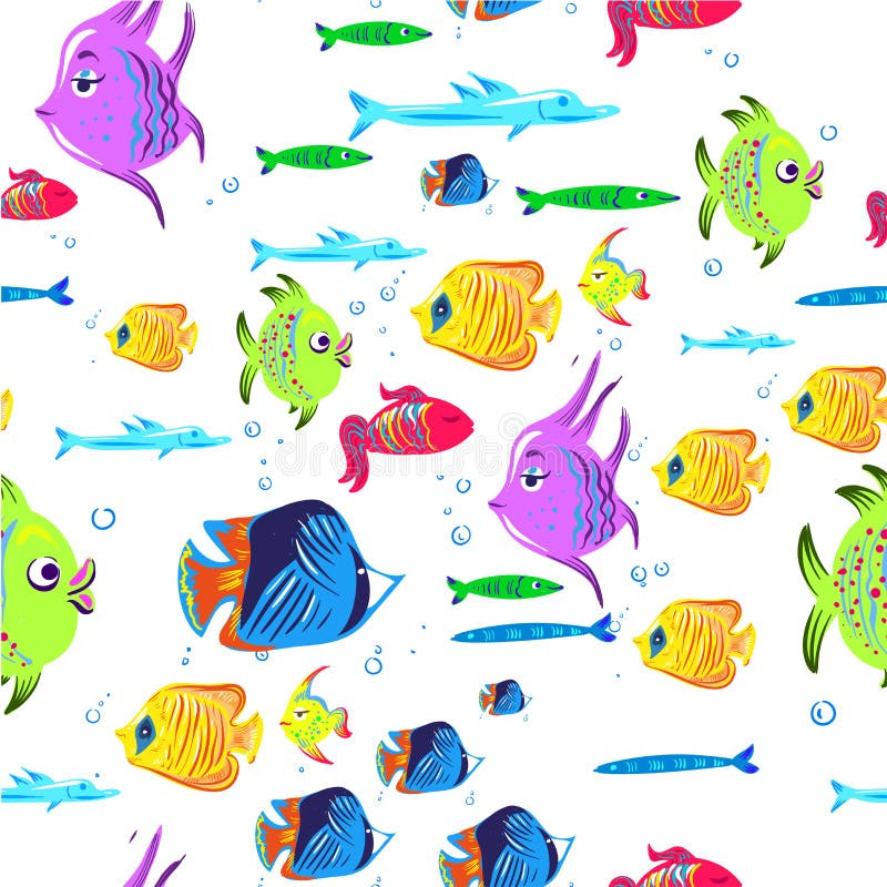 Fishes Seamless Pattern. Cute Cartoon Aquarium Fish Animals Background ...