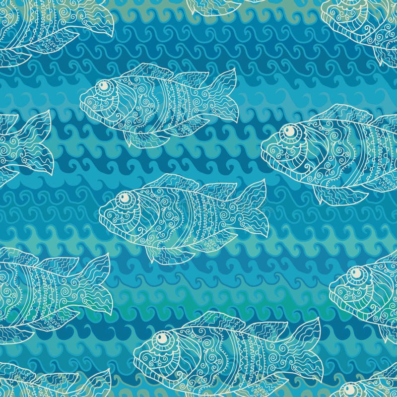Fishes and Waves Seamless Pattern Stock Vector Illustration of