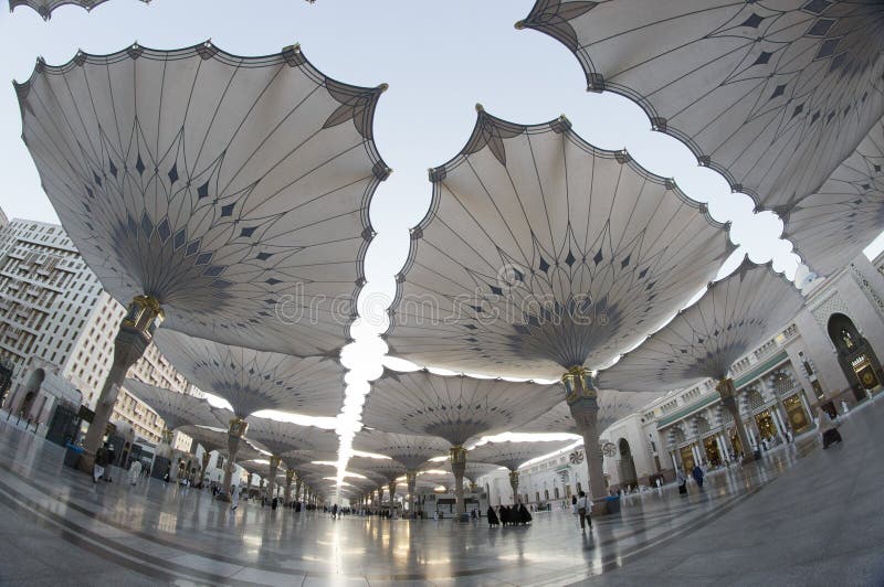 Fisheye view of giant umbrellas at Masjid Nabawi