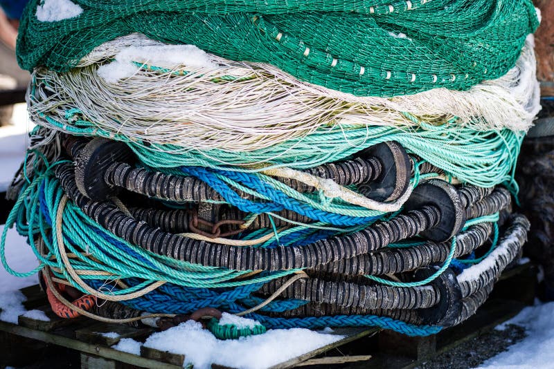 Fishing Accessories, Nets and Ropes on a Boat for Fishing. Winter
