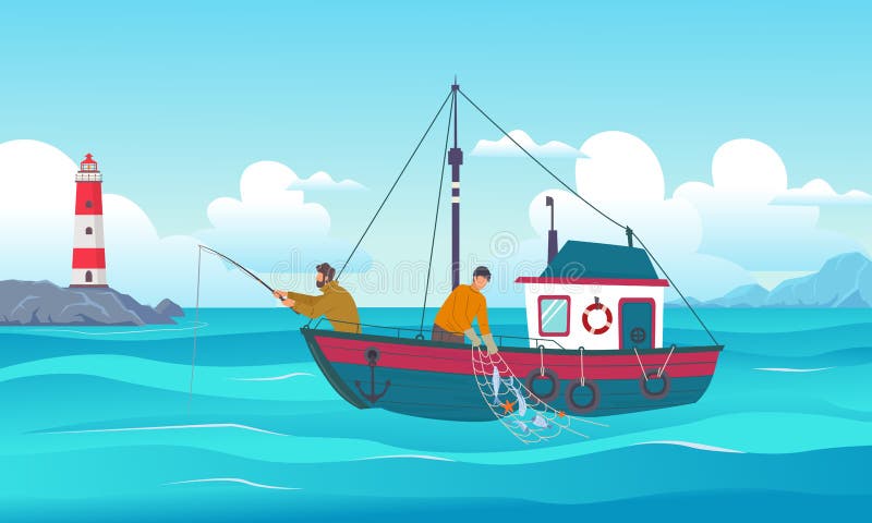 Fishing Background. Fisherman with Rods Standing on Boat in Ocean Vector  Happy Sailors Outdoor Cartoon Template Stock Vector - Illustration of  reflex, coast: 249347196