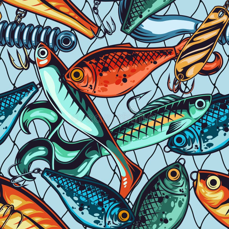 Fishing Baits and Lures Seamless Pattern Stock Vector - Illustration of  spinning, logo: 179677088