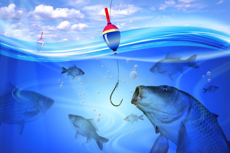 Fishing Big Fish in Deep Blue Water Lake Stock Illustration